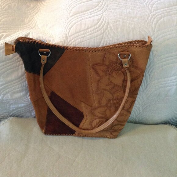 VTG Tooled Leather Shoulder Purse; Patchwork, Artistic; Latin inspired; Western - Picture 1 of 5